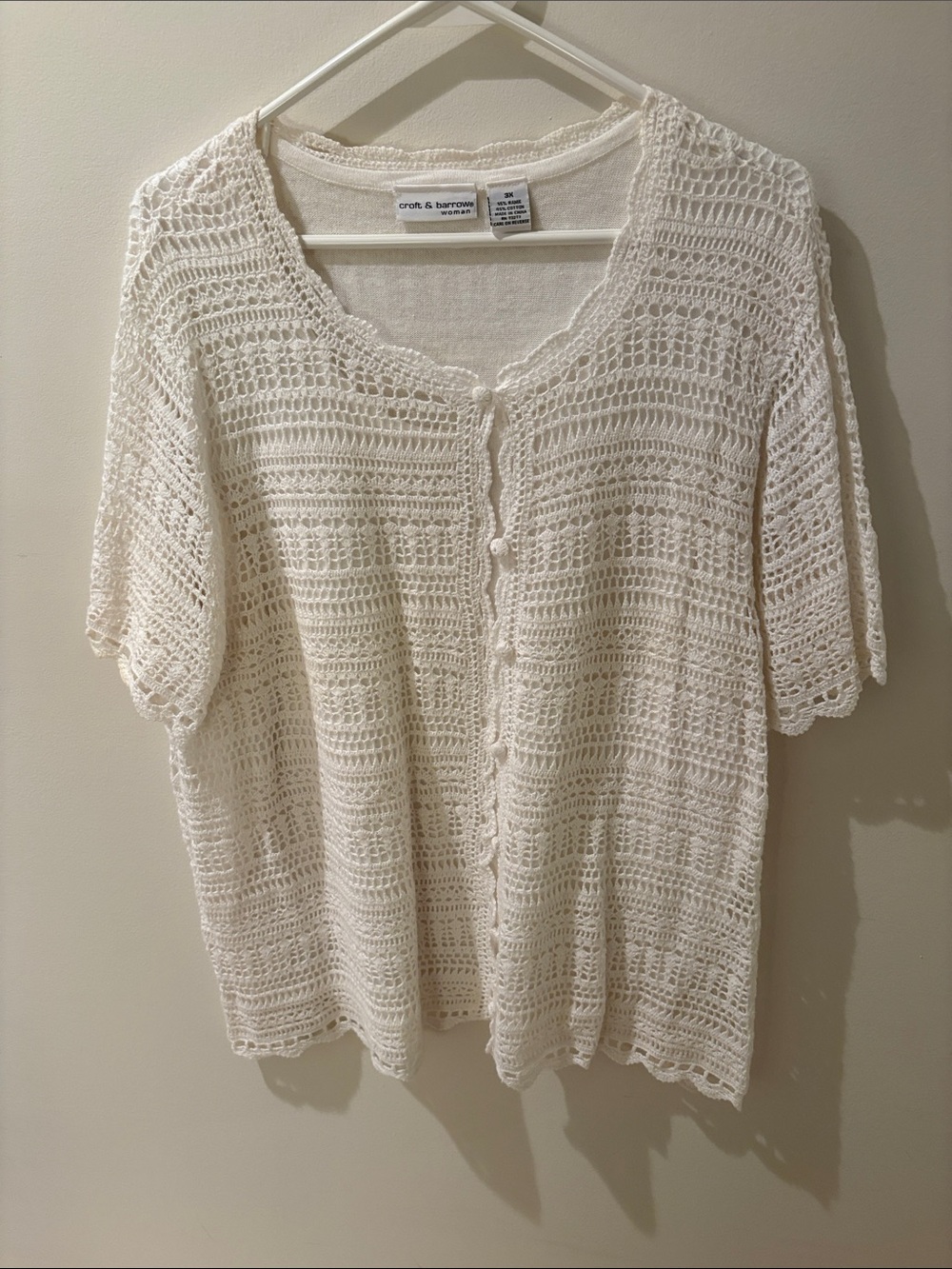 croft & barrow Cream Crochet Button-Front Short Sleeve Top